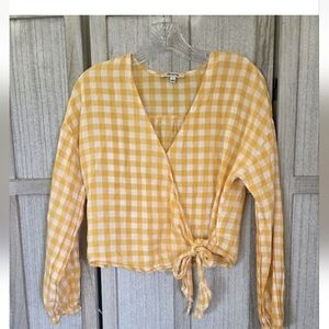 Madewell Women’s Yellow/White Plaid Tie Front Wrap Shirt Size Small